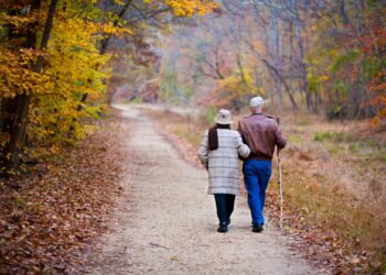 Couple walking confidently through vibrant fall foliage in golden afternoon light